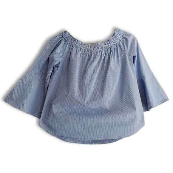 LORD & TAYLOR Bell Sleeve Top Scoop / Off Shoulder Blue & White Stripe Sz XS - Picture 2 of 14